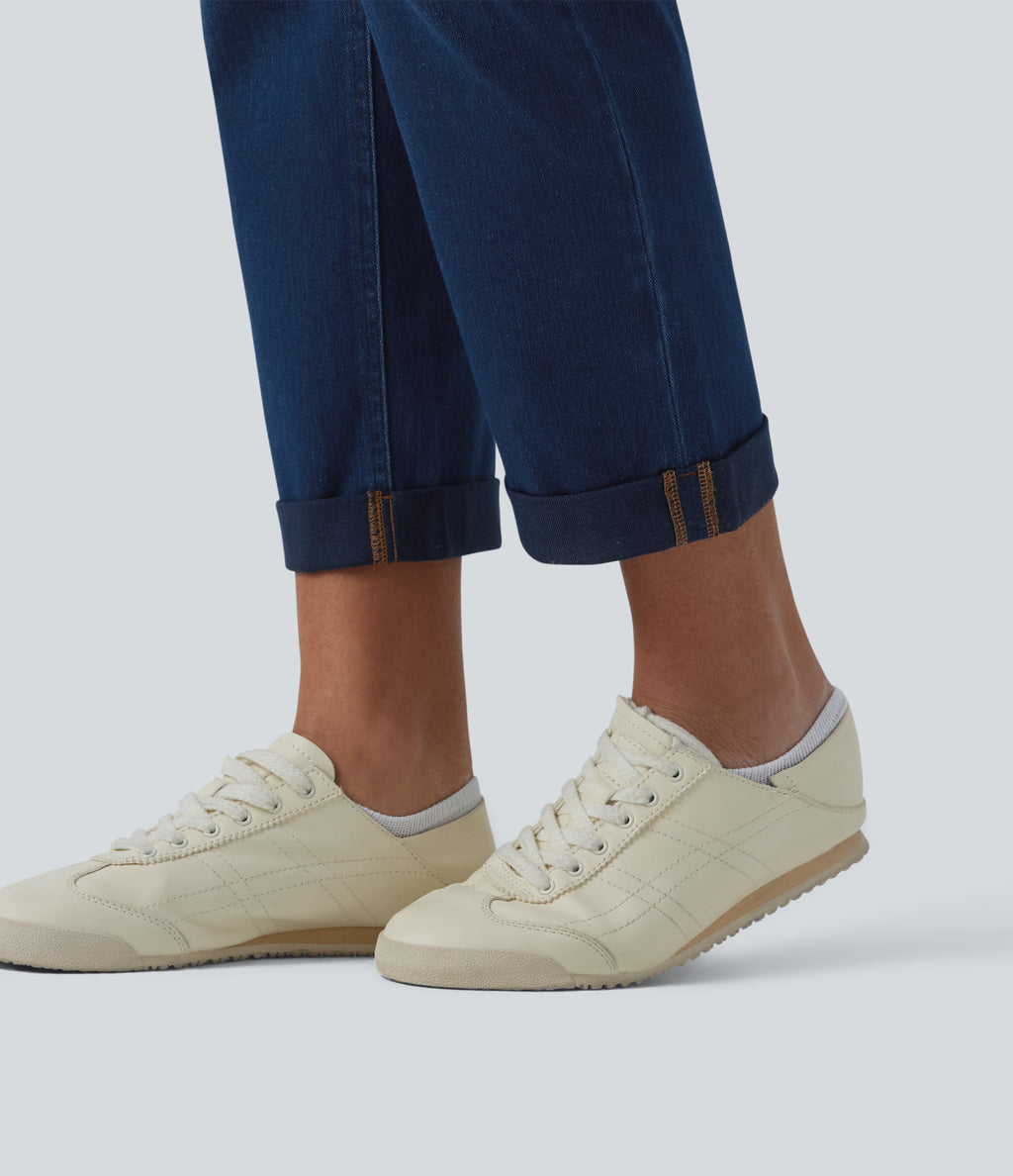 High Waisted Tummy Control Rolled Hem Casual Jeans with Pockets — Estate Blue Denim — view 6