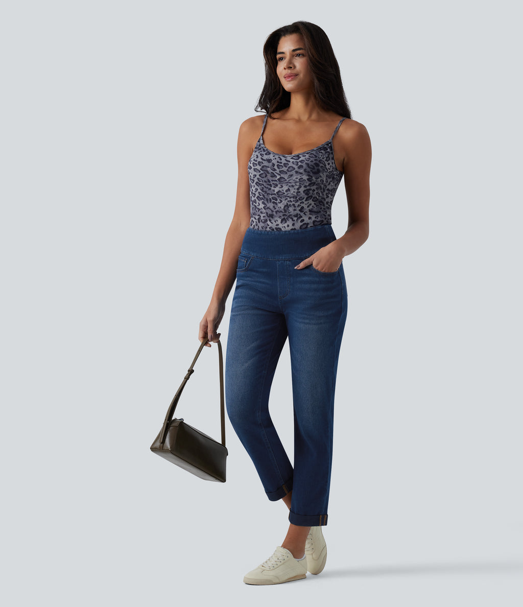 High Waisted Tummy Control Rolled Hem Casual Jeans with Pockets — Estate Blue Denim — view 7