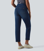 High Waisted Tummy Control Rolled Hem Casual Jeans with Pockets — Estate Blue Denim — view 2