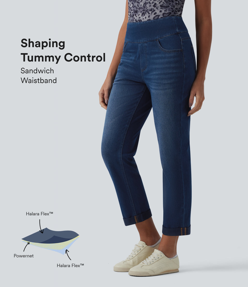 High Waisted Tummy Control Rolled Hem Casual Jeans with Pockets — Estate Blue Denim — view 1