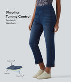 High Waisted Tummy Control Rolled Hem Casual Jeans with Pockets — Estate Blue Denim — view 1