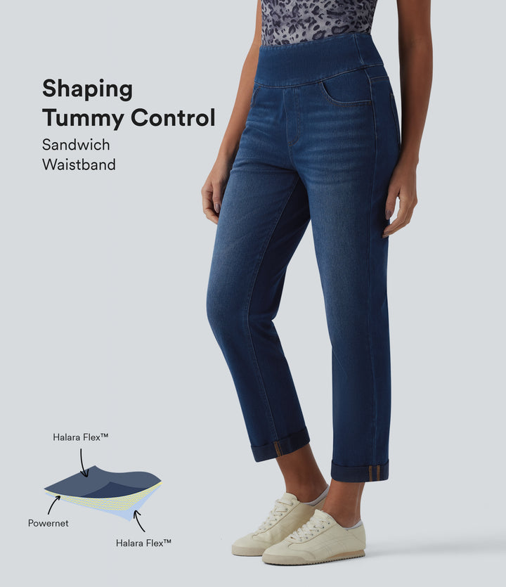 High Waisted Tummy Control Rolled Hem Casual Jeans with Pockets — Estate Blue Denim — view 1