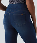 High Waisted Tummy Control Rolled Hem Casual Jeans with Pockets — Estate Blue Denim — view 5