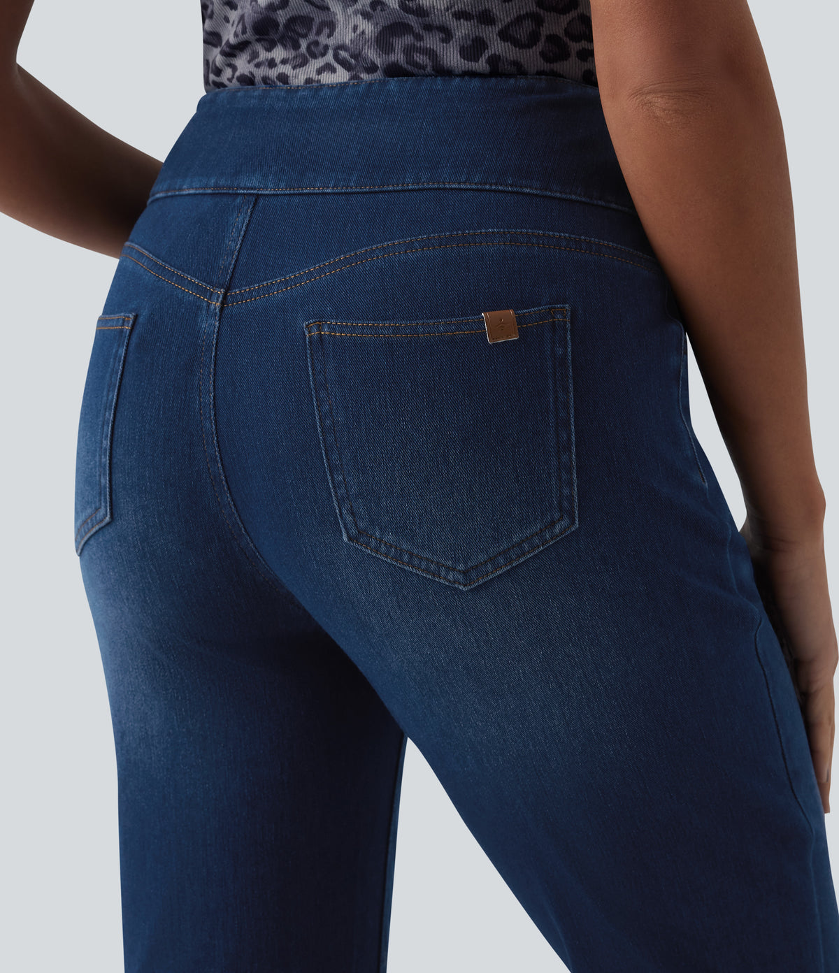 High Waisted Tummy Control Rolled Hem Casual Jeans with Pockets — Estate Blue Denim — view 5