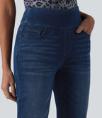 High Waisted Tummy Control Rolled Hem Casual Jeans with Pockets — Estate Blue Denim — view 4