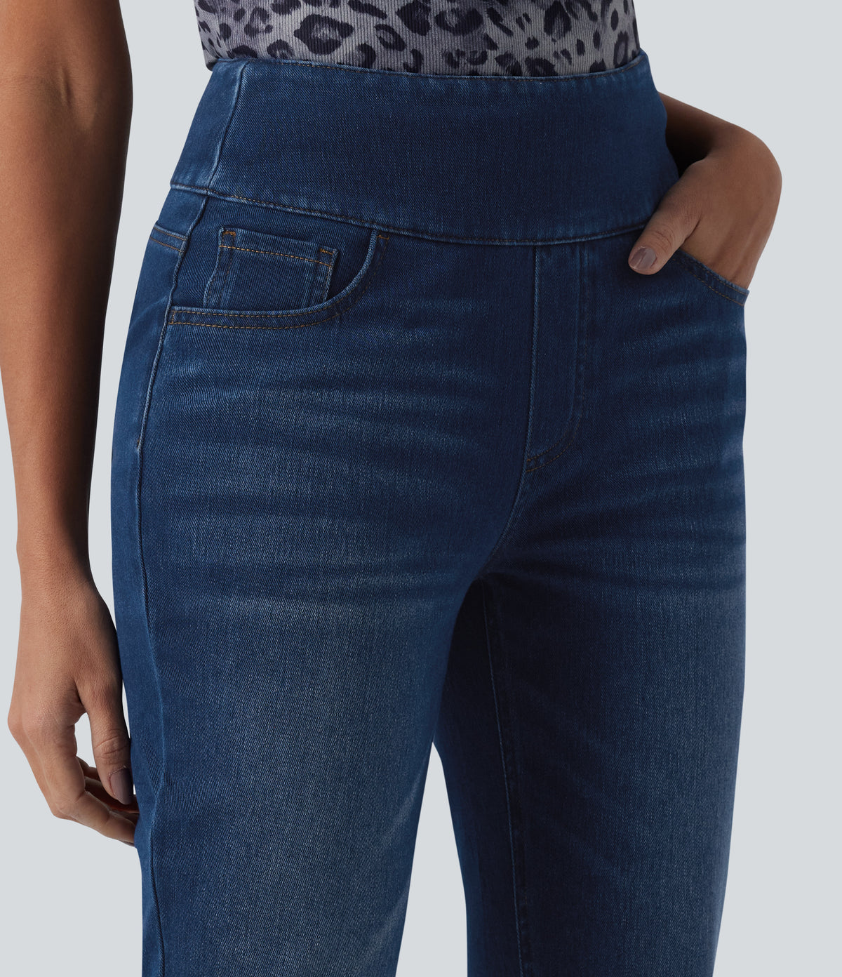 High Waisted Tummy Control Rolled Hem Casual Jeans with Pockets — Estate Blue Denim — view 4