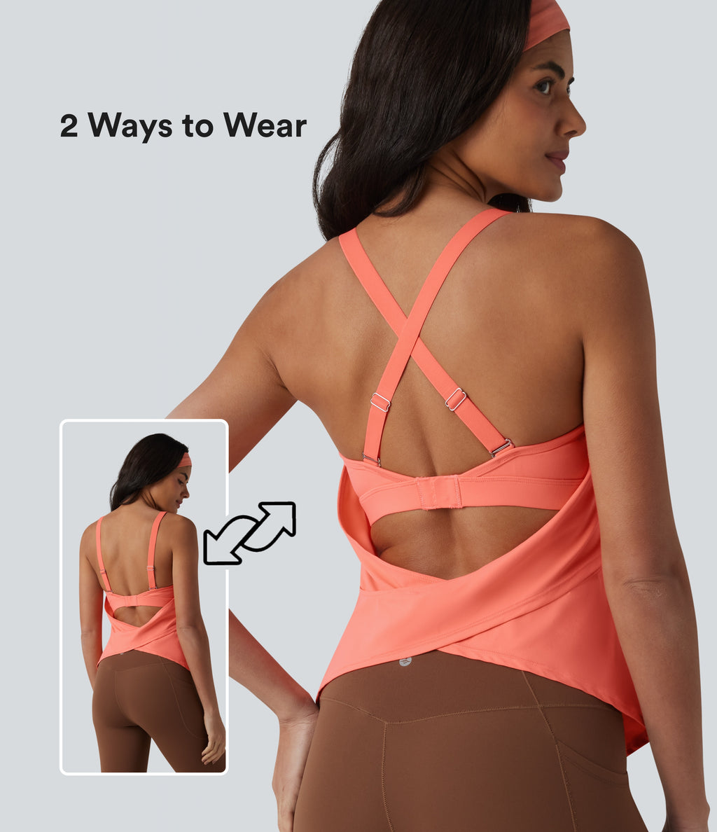 Crisscross Backless Adjustable Buckle Built-in Bra Training Tank Top — Fusion Coral — view 1