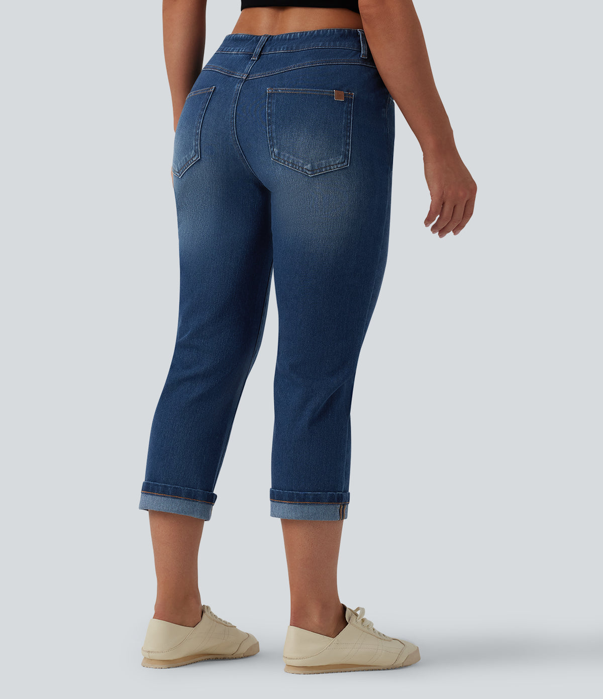Low Rise Rolled Hem Cropped Casual Jeans with Pockets — Estate Blue Denim — view 2