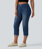 Low Rise Rolled Hem Cropped Casual Jeans with Pockets — Estate Blue Denim — view 3