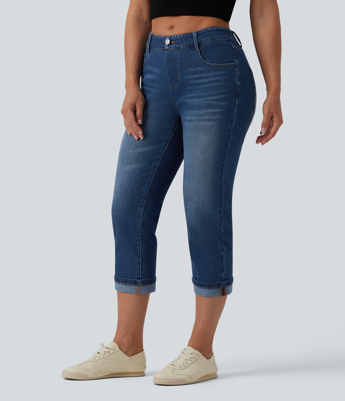Low Rise Rolled Hem Cropped Casual Jeans with Pockets — Estate Blue Denim — view 3