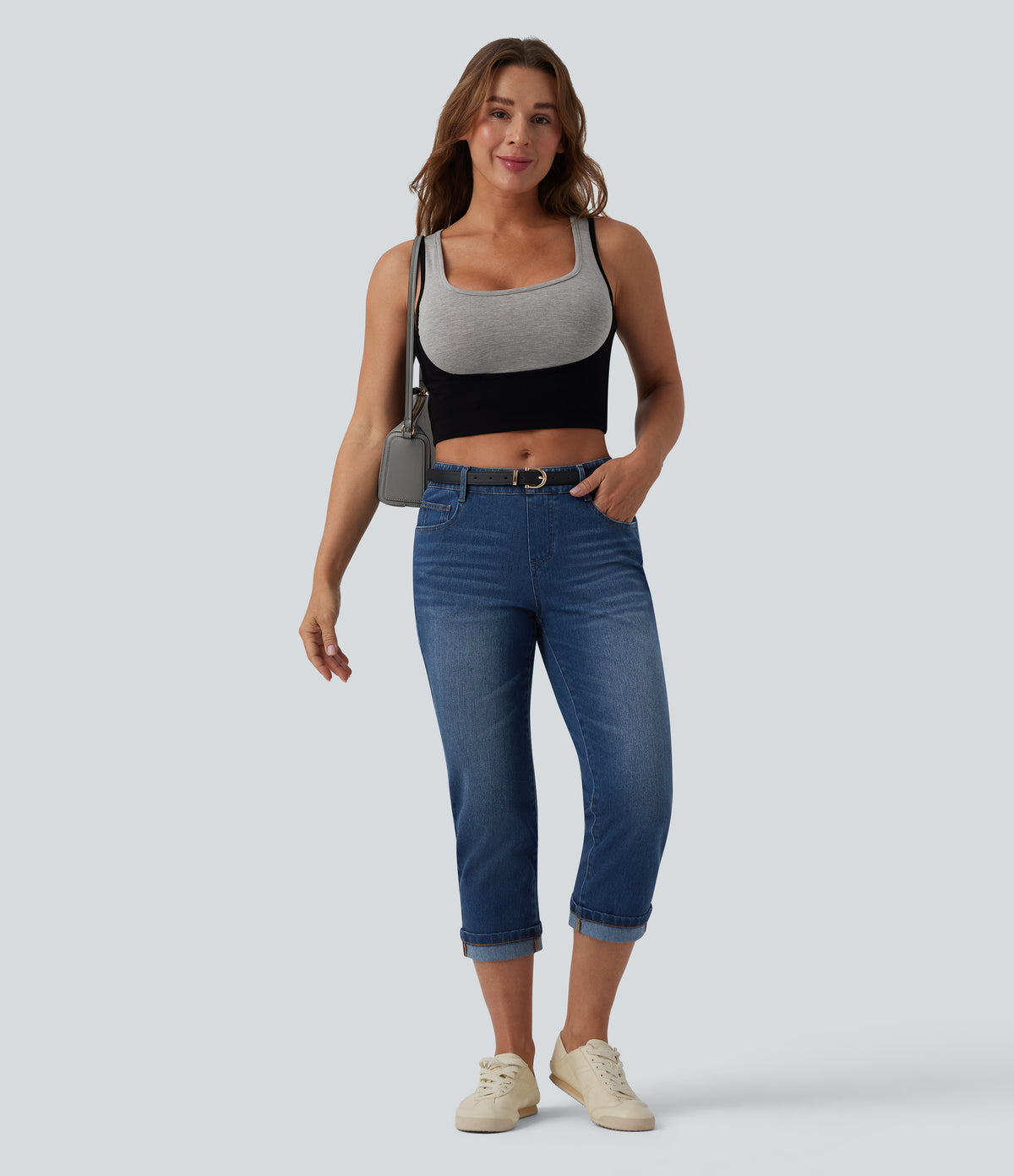 Low Rise Rolled Hem Cropped Casual Jeans with Pockets — Estate Blue Denim — view 7