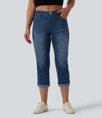 Low Rise Rolled Hem Cropped Casual Jeans with Pockets — Estate Blue Denim — view 1