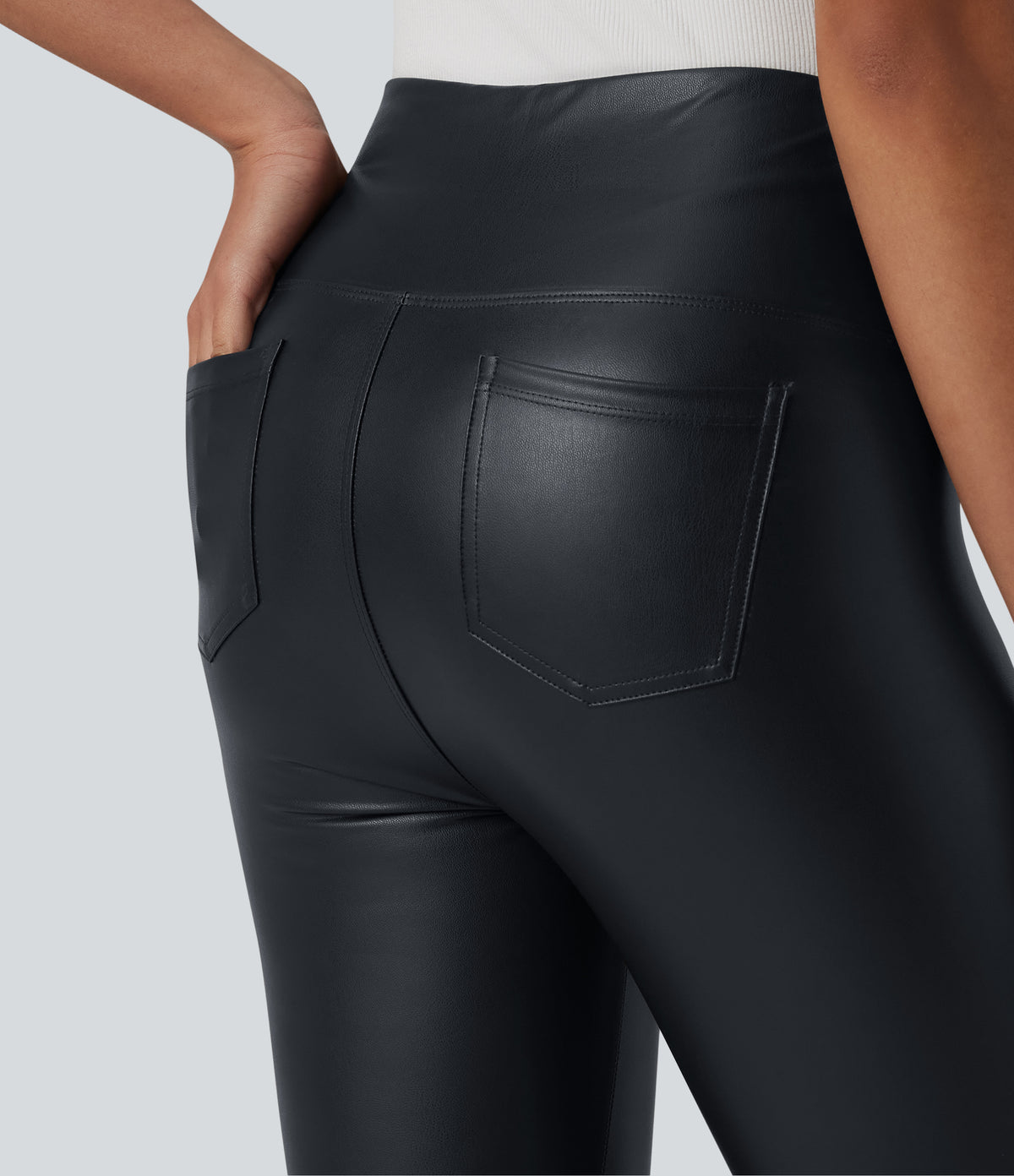 High Waisted Tummy Control Stretchy PU Casual 7/8 Leggings with Pockets — Ink Night Blue — view 5