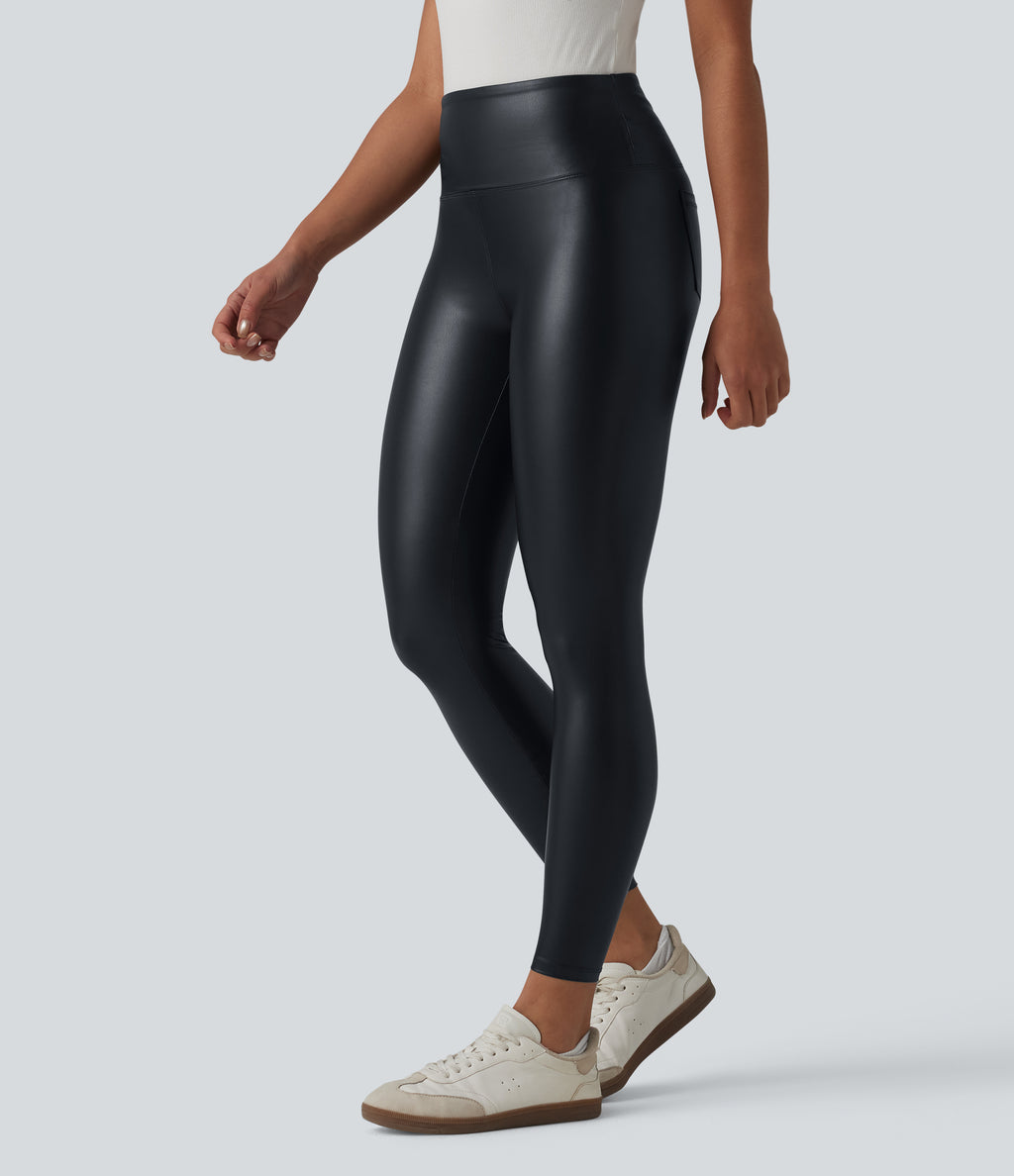 High Waisted Tummy Control Stretchy PU Casual 7/8 Leggings with Pockets — Ink Night Blue — view 3