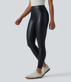 High Waisted Tummy Control Stretchy PU Casual 7/8 Leggings with Pockets — Ink Night Blue — view 3