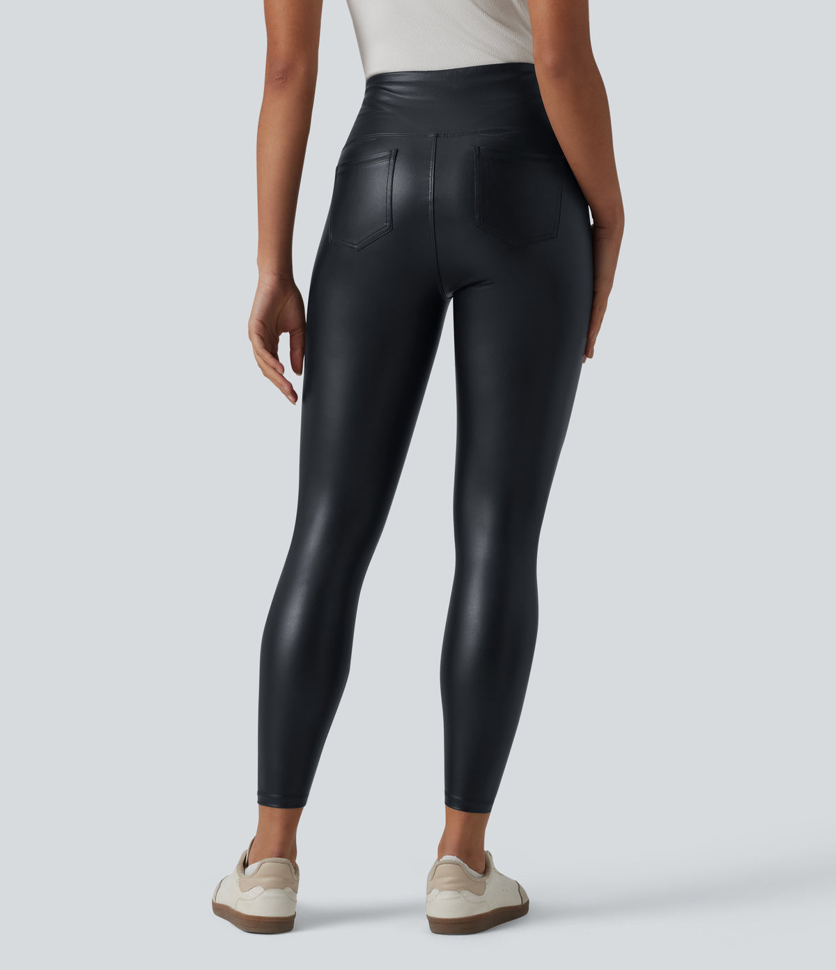 High Waisted Tummy Control Stretchy PU Casual 7/8 Leggings with Pockets — Ink Night Blue — view 2