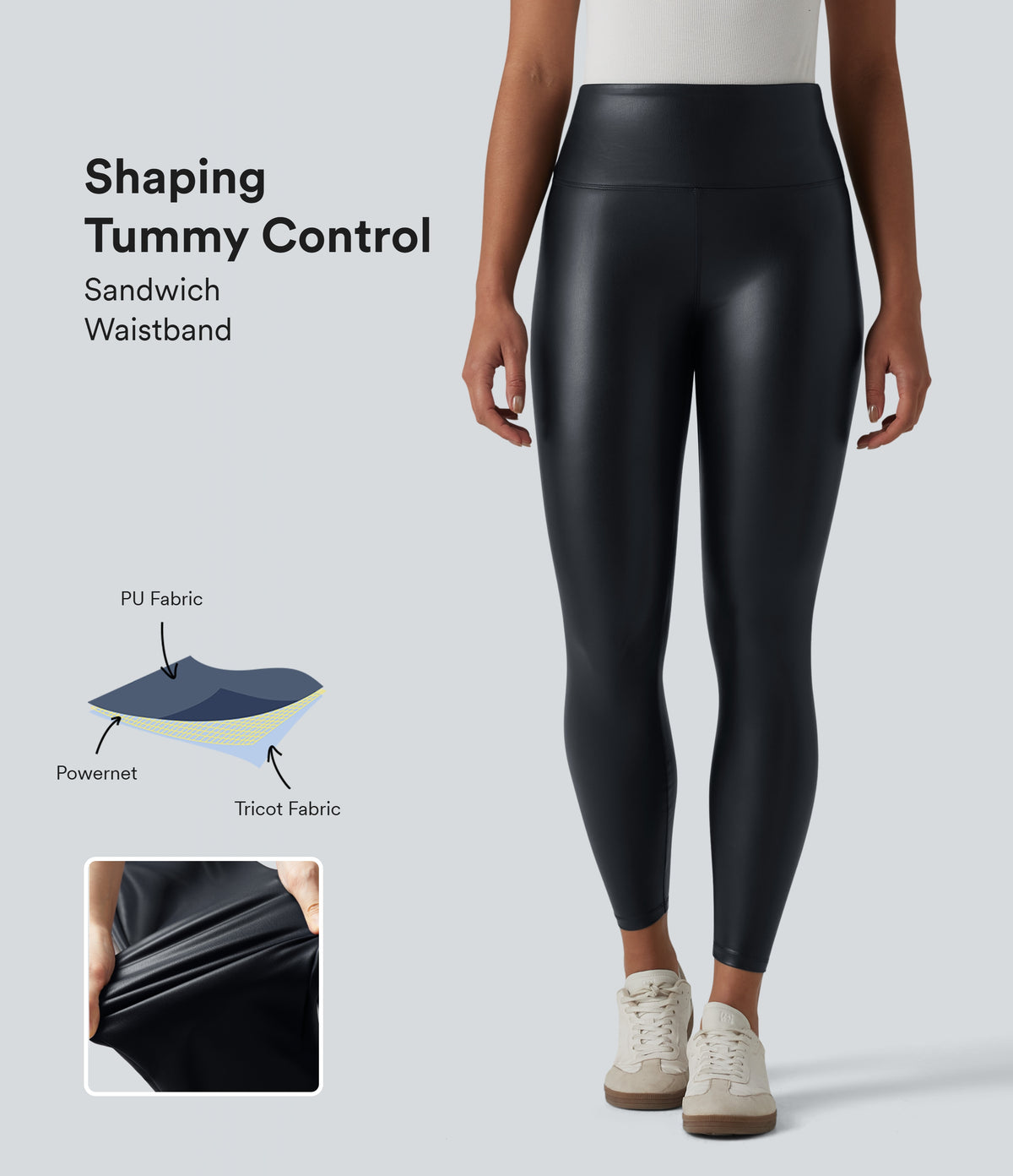 High Waisted Tummy Control Stretchy PU Casual 7/8 Leggings with Pockets — Ink Night Blue — view 1