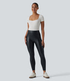 High Waisted Tummy Control Stretchy PU Casual 7/8 Leggings with Pockets — Ink Night Blue — view 6