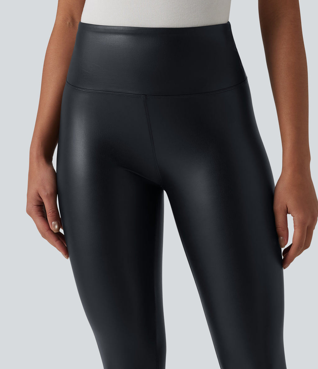 High Waisted Tummy Control Stretchy PU Casual 7/8 Leggings with Pockets — Ink Night Blue — view 4