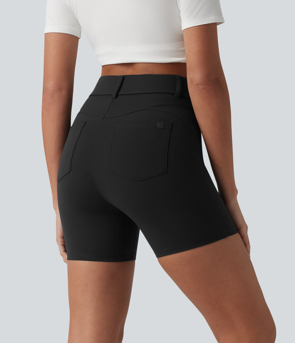 High Waisted Casual Biker Shorts 5'' with Pockets — Black — view 7