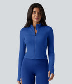 Plush Stand Collar Long Sleeve Thumb Holes Twisted Back Breathable Mesh Yoga Jacket with Pockets — Beaucoup Blue — view 4