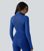 Plush Stand Collar Long Sleeve Thumb Holes Twisted Back Breathable Mesh Yoga Jacket with Pockets — Beaucoup Blue — view 5