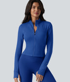 Plush Stand Collar Long Sleeve Thumb Holes Twisted Back Breathable Mesh Yoga Jacket with Pockets — Beaucoup Blue — view 6