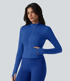 Plush Stand Collar Long Sleeve Thumb Holes Twisted Back Breathable Mesh Yoga Jacket with Pockets — Beaucoup Blue — view 3