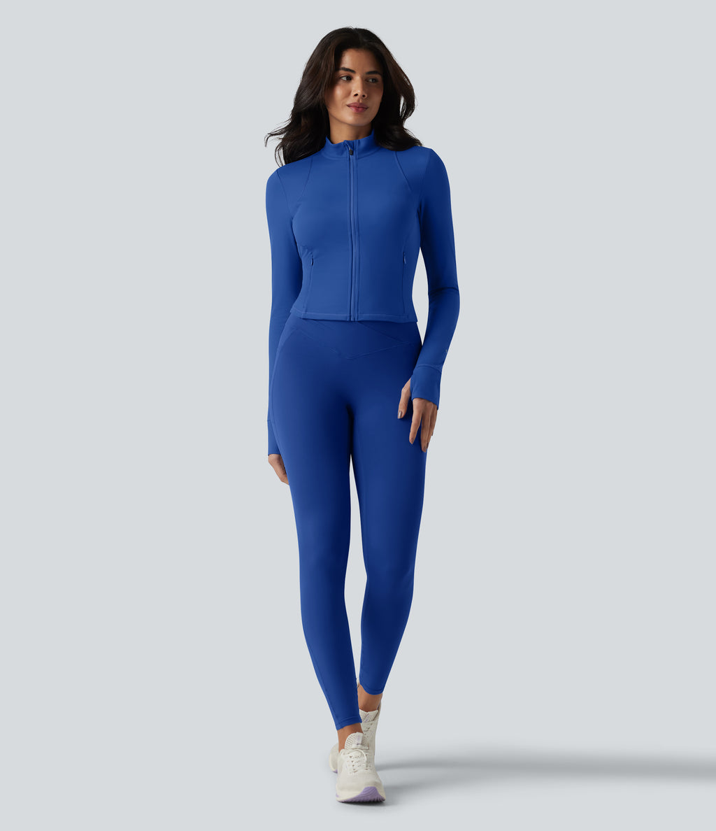 Plush Stand Collar Long Sleeve Thumb Holes Twisted Back Breathable Mesh Yoga Jacket with Pockets — Beaucoup Blue — view 7
