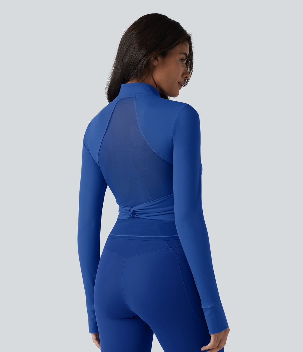 Plush Stand Collar Long Sleeve Thumb Holes Twisted Back Breathable Mesh Yoga Jacket with Pockets — Beaucoup Blue — view 1