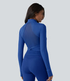 Plush Stand Collar Long Sleeve Thumb Holes Twisted Back Breathable Mesh Yoga Jacket with Pockets — Beaucoup Blue — view 1