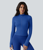 Plush Stand Collar Long Sleeve Thumb Holes Twisted Back Breathable Mesh Yoga Jacket with Pockets — Beaucoup Blue — view 2