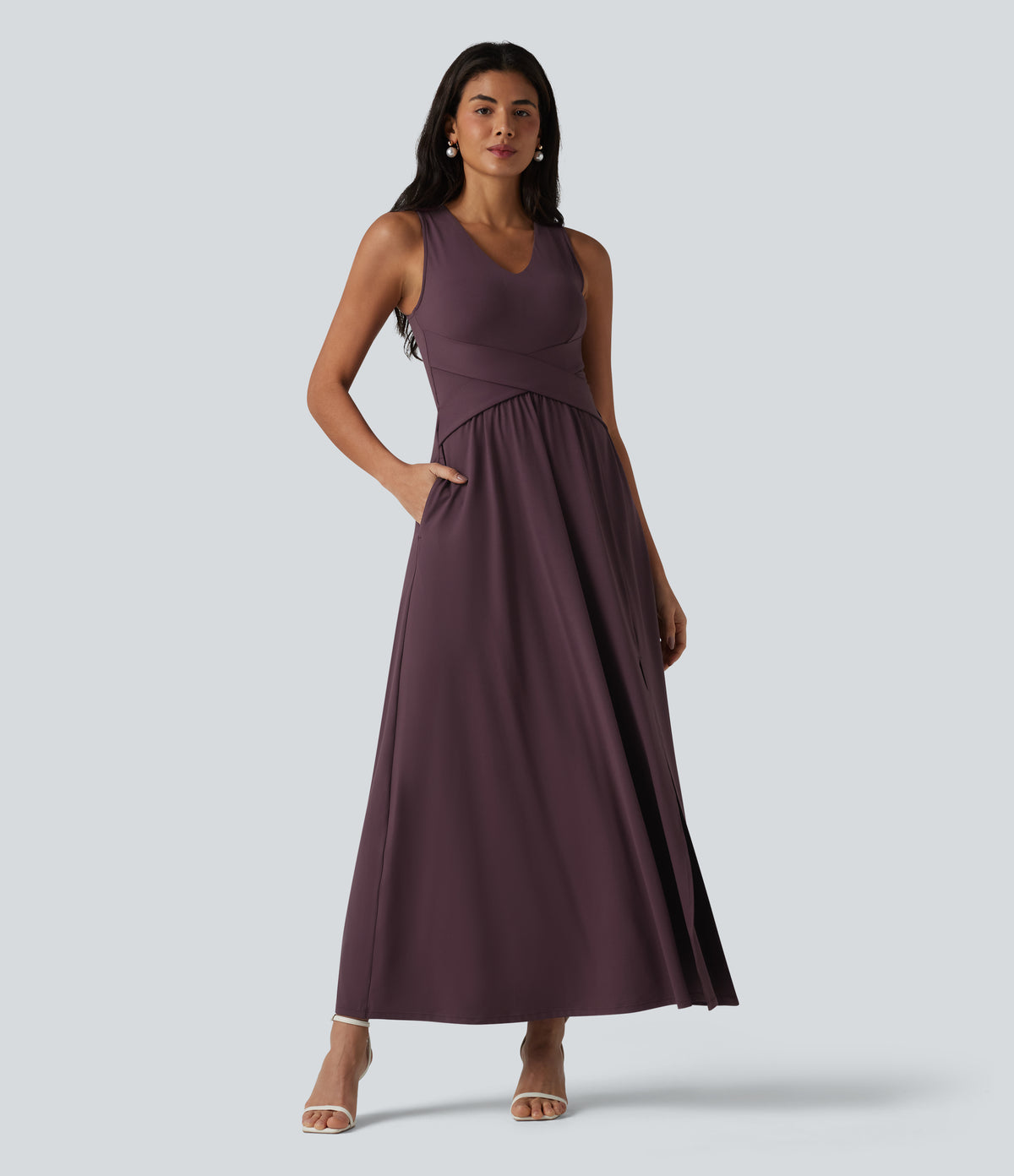 V Neck Sleeveless Maxi Dress with Pockets — Plum Wine — view 3
