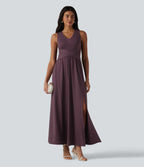 V Neck Sleeveless Maxi Dress with Pockets — Plum Wine — view 6