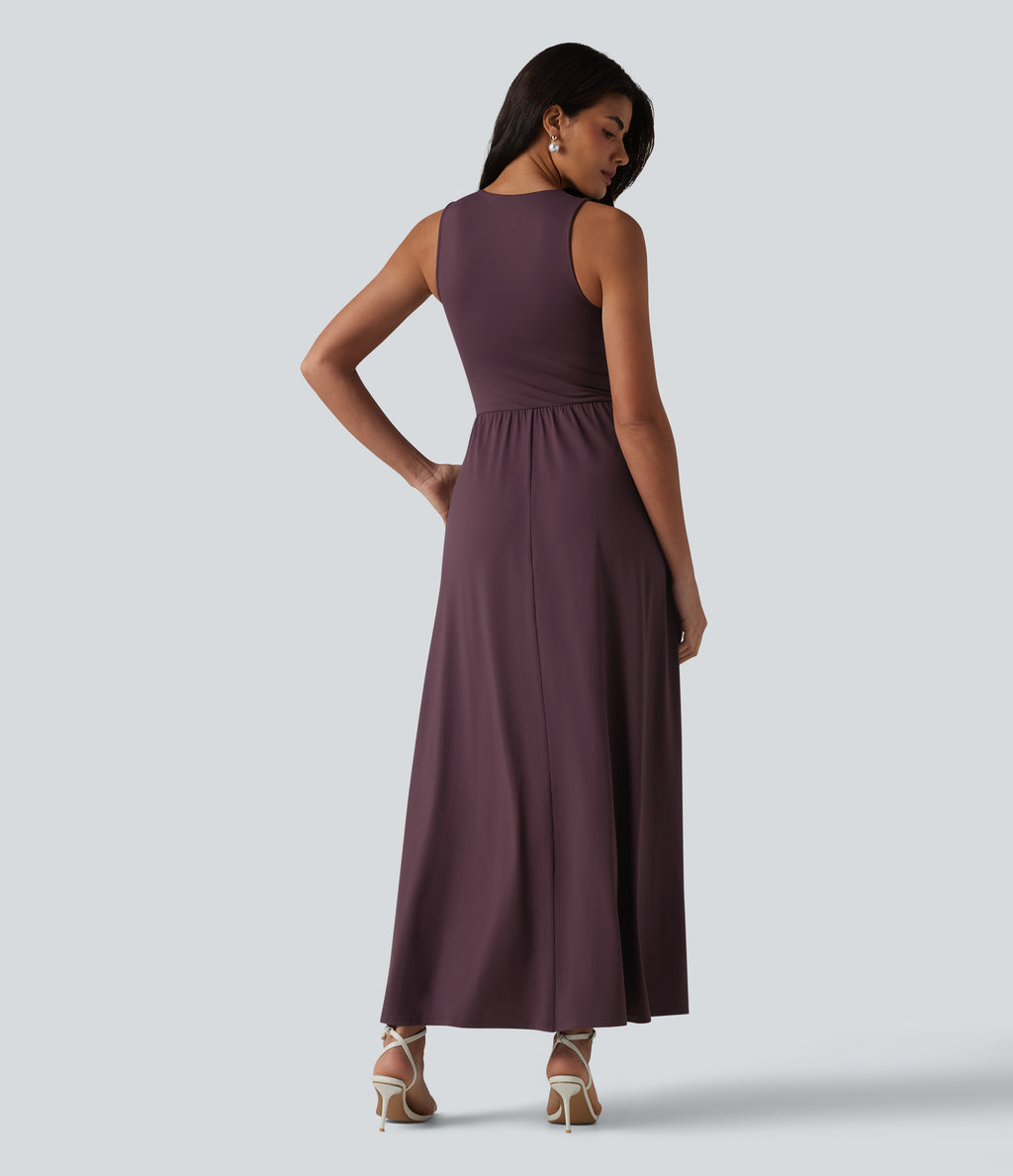 V Neck Sleeveless Maxi Dress with Pockets — Plum Wine — view 2