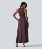 V Neck Sleeveless Maxi Dress with Pockets — Plum Wine — view 2