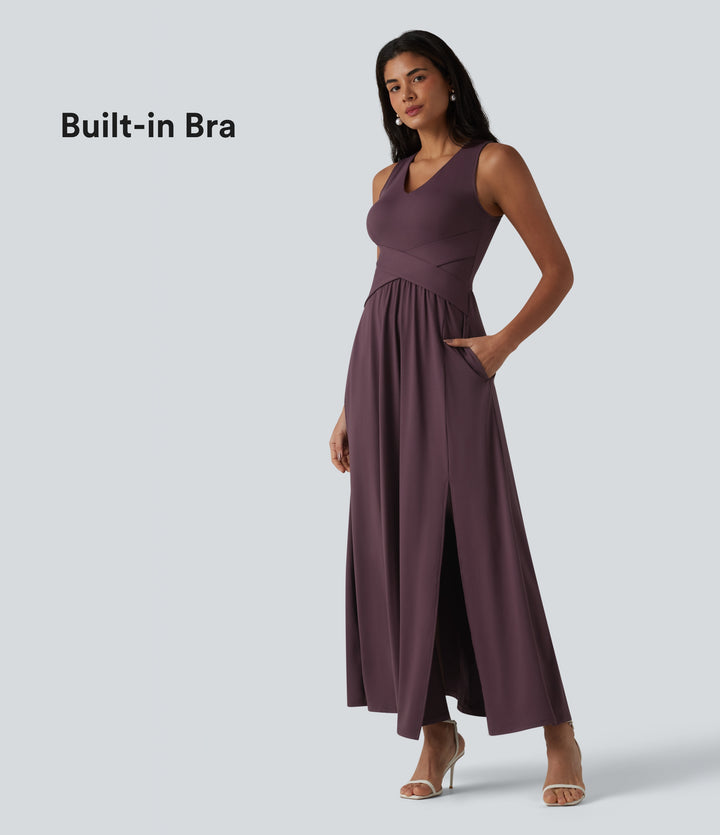 V Neck Sleeveless Maxi Dress with Pockets — Plum Wine — view 1