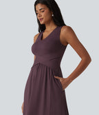 V Neck Sleeveless Maxi Dress with Pockets — Plum Wine — view 4