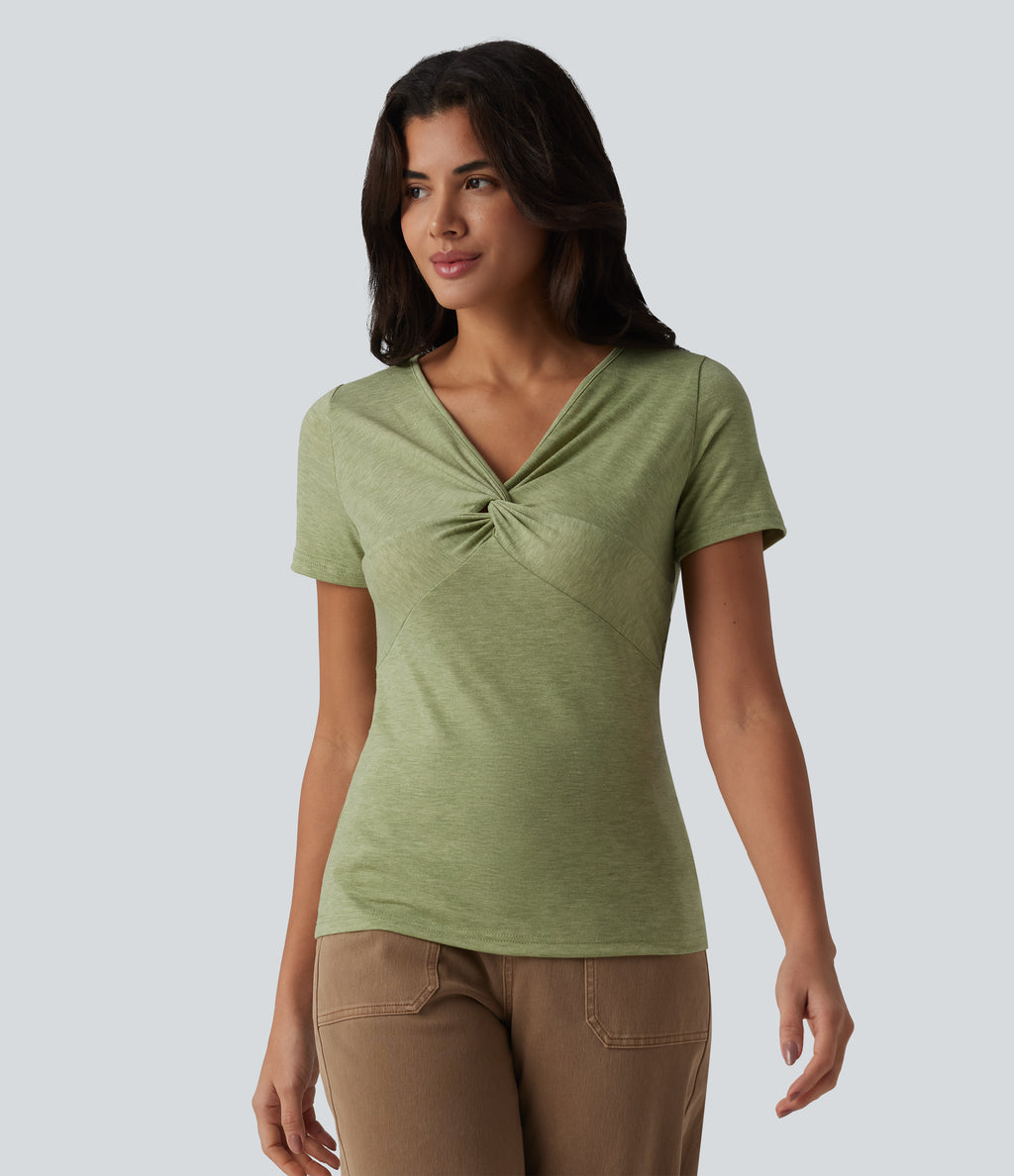 V Neck Short Sleeve Casual T-Shirt — Light Green Floral Yarn — view 3