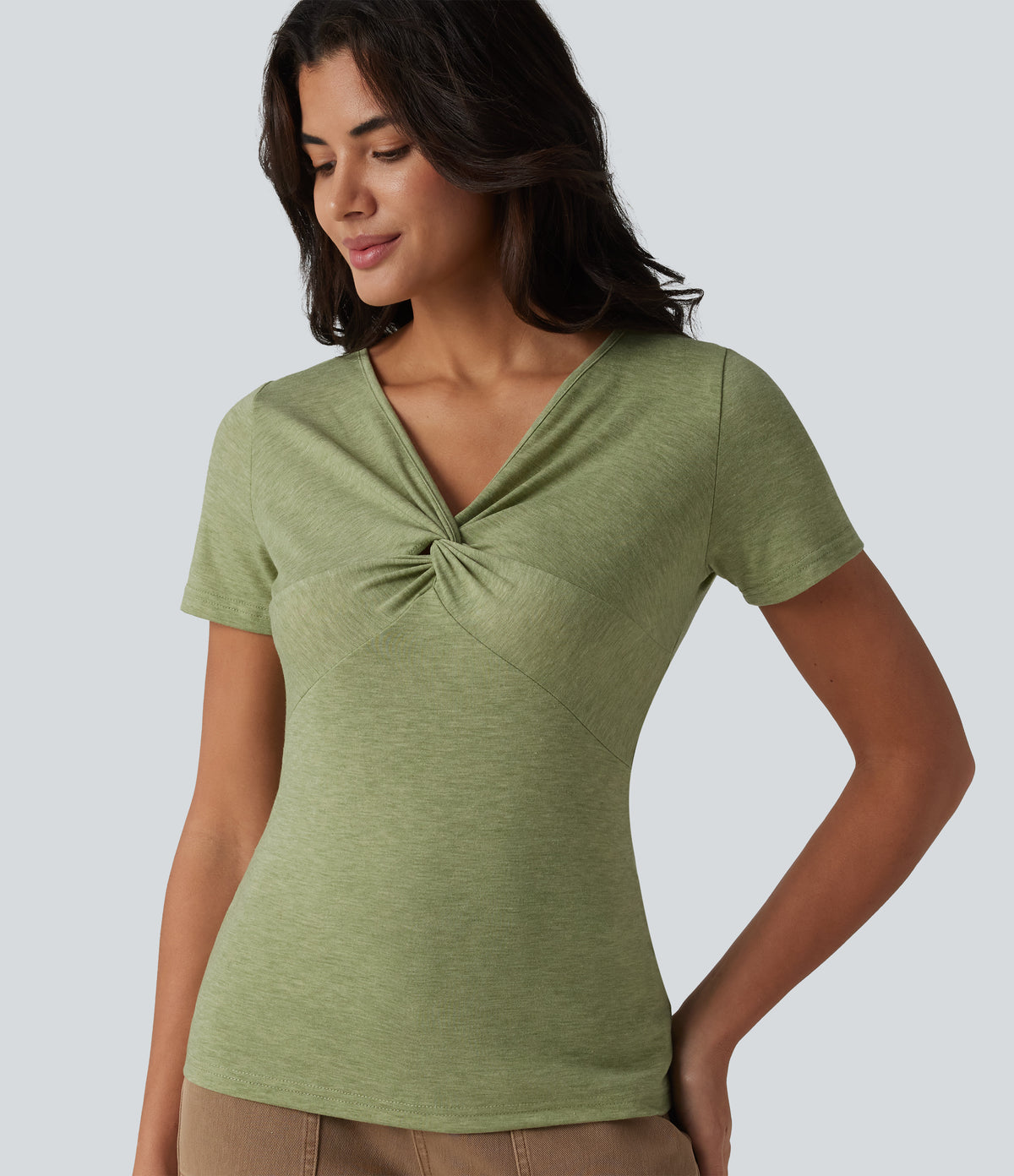 V Neck Short Sleeve Casual T-Shirt — Light Green Floral Yarn — view 1