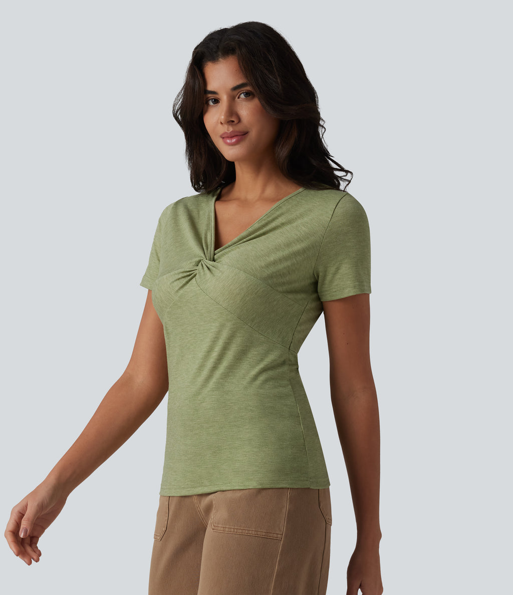 V Neck Short Sleeve Casual T-Shirt — Light Green Floral Yarn — view 4