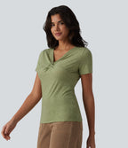 V Neck Short Sleeve Casual T-Shirt — Light Green Floral Yarn — view 4