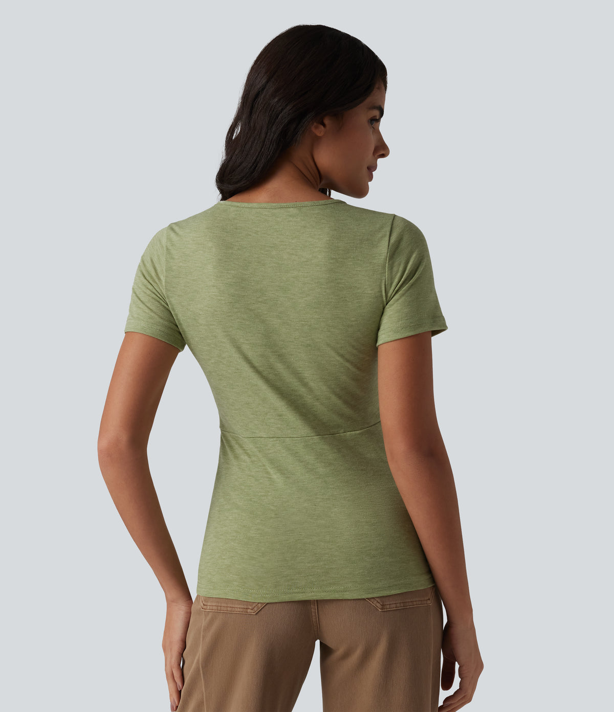 V Neck Short Sleeve Casual T-Shirt — Light Green Floral Yarn — view 2