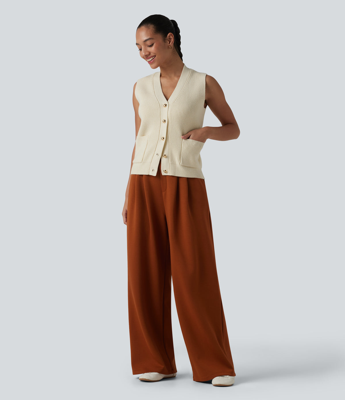 V-neck Button Fly Casual Jumper Vest with Pockets — Light Beige — view 5
