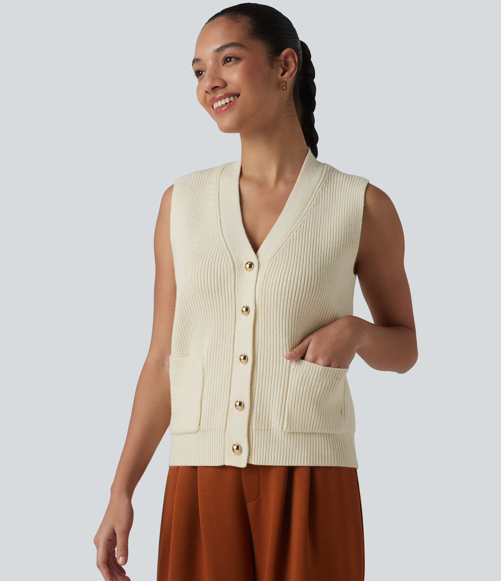 V-neck Button Fly Casual Jumper Vest with Pockets — Light Beige — view 4