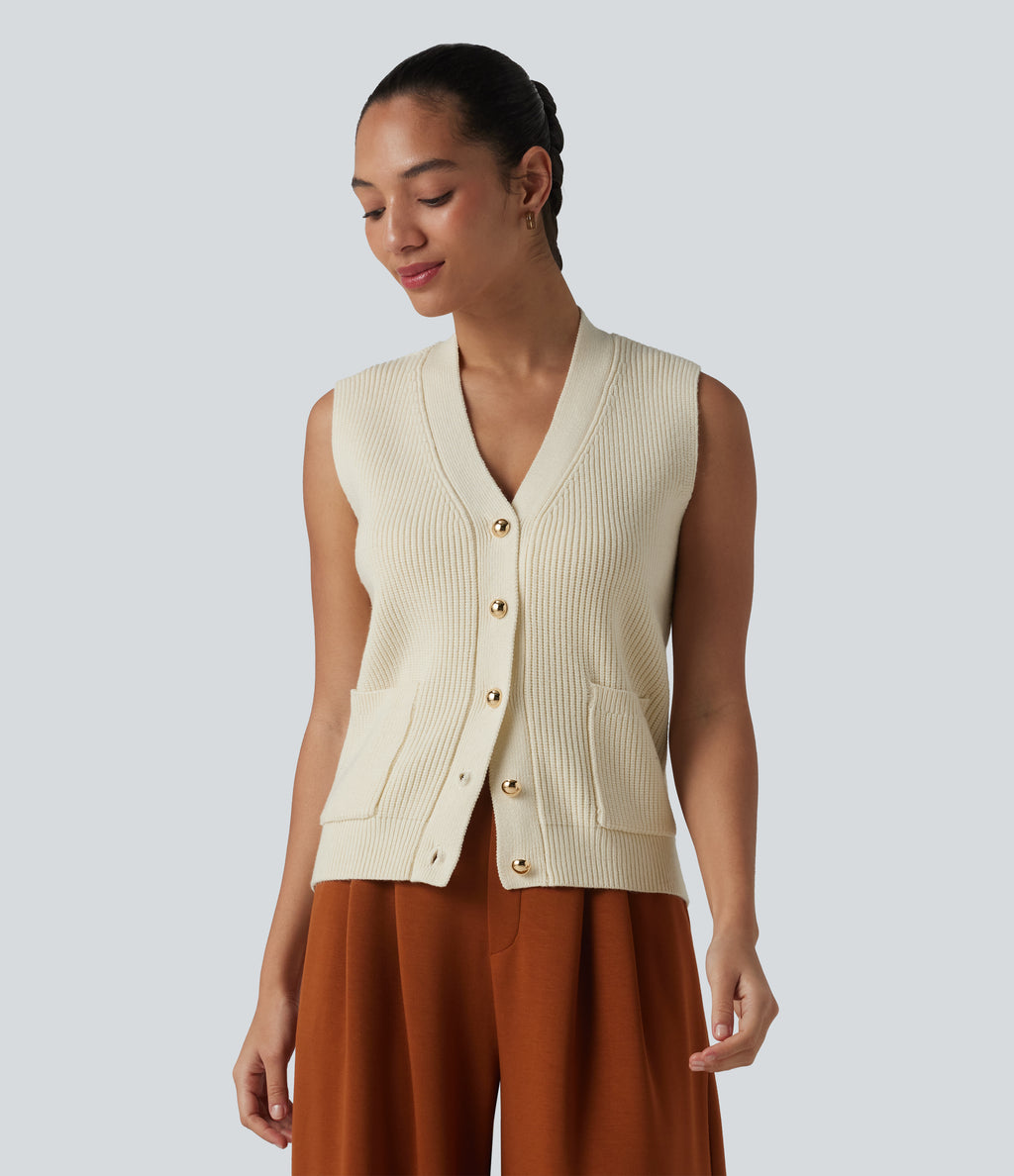 V-neck Button Fly Casual Jumper Vest with Pockets — Light Beige — view 1