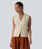 V-neck Button Fly Casual Jumper Vest with Pockets — Light Beige — view 1