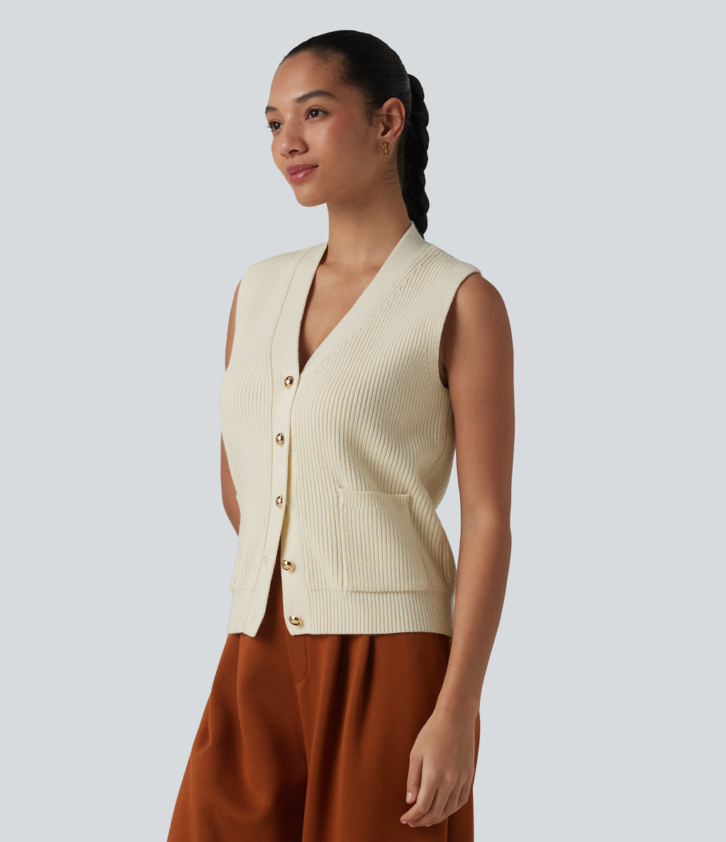 V-neck Button Fly Casual Jumper Vest with Pockets — Light Beige — view 3