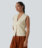 V-neck Button Fly Casual Jumper Vest with Pockets — Light Beige — view 3