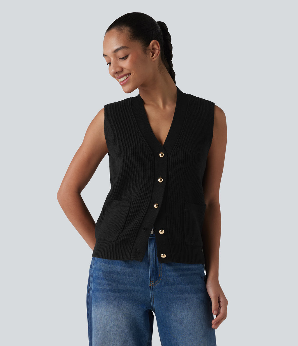 V-neck Button Fly Casual Jumper Vest with Pockets — Black — view 6